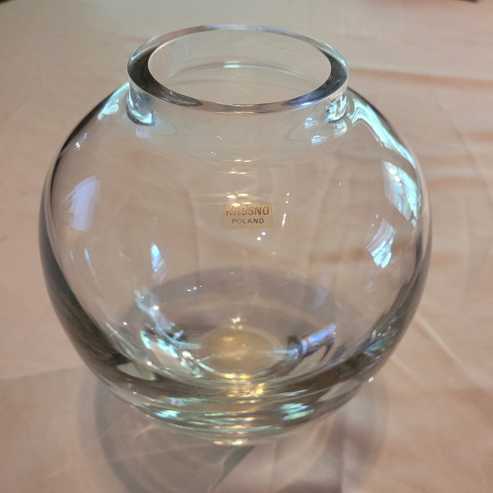 Heavy Lead Clear Crystal Krosno Poland Vase 8 Inches Tall Bubble Bottom Vase